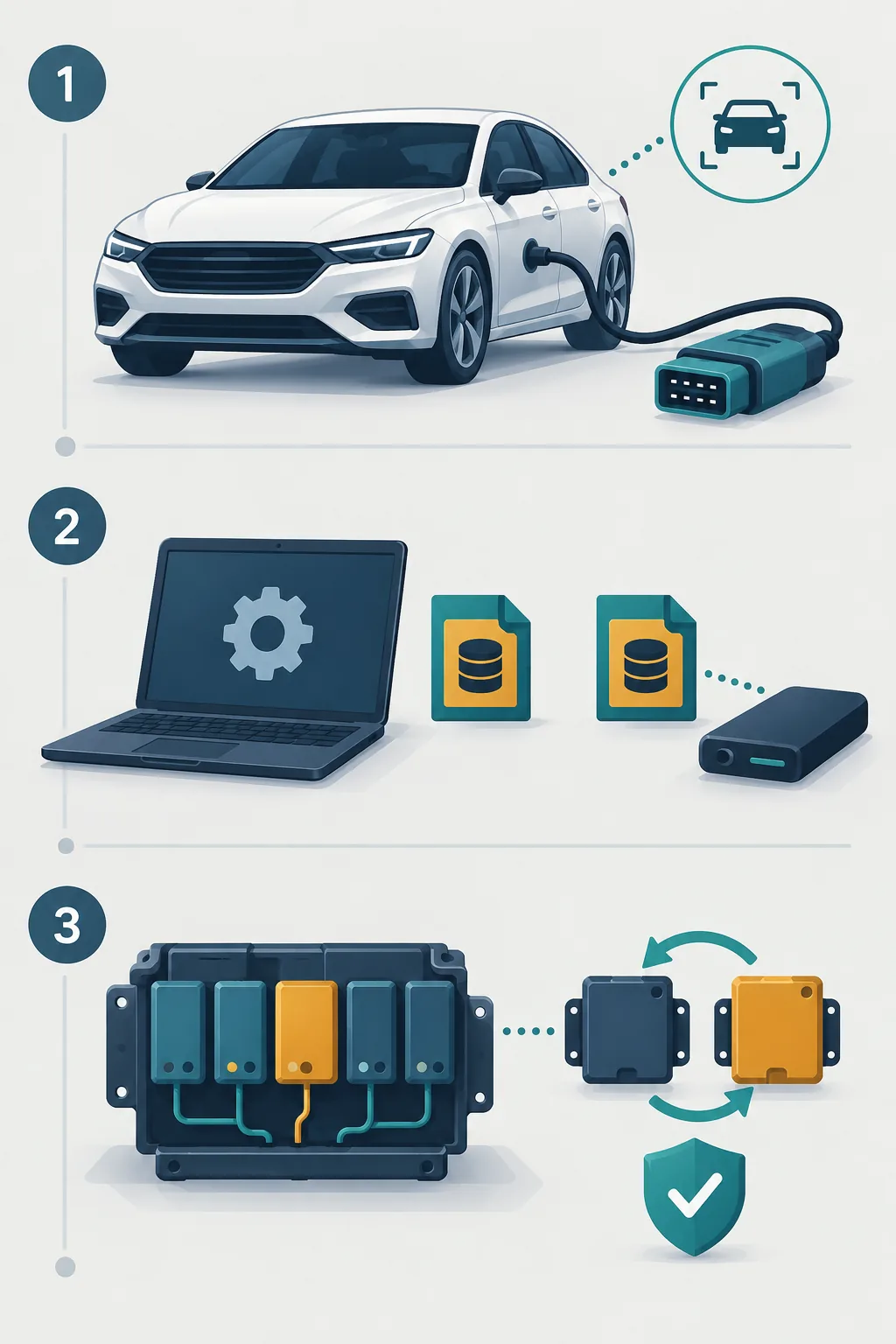 Redaktioneller Ablauf mit Fahrzeugidentifikation, externem As-Built-Backup und einer reversiblen Modulprüfung