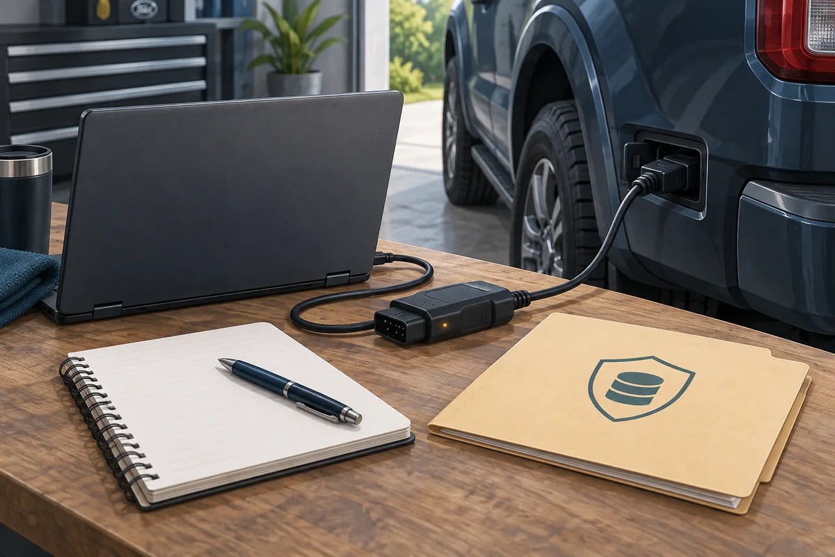 Geschlossener Laptop, kabelgebundener OBD-Adapter, Fahrzeug und Notizbuch für ein FORScan-As-Built-Backup