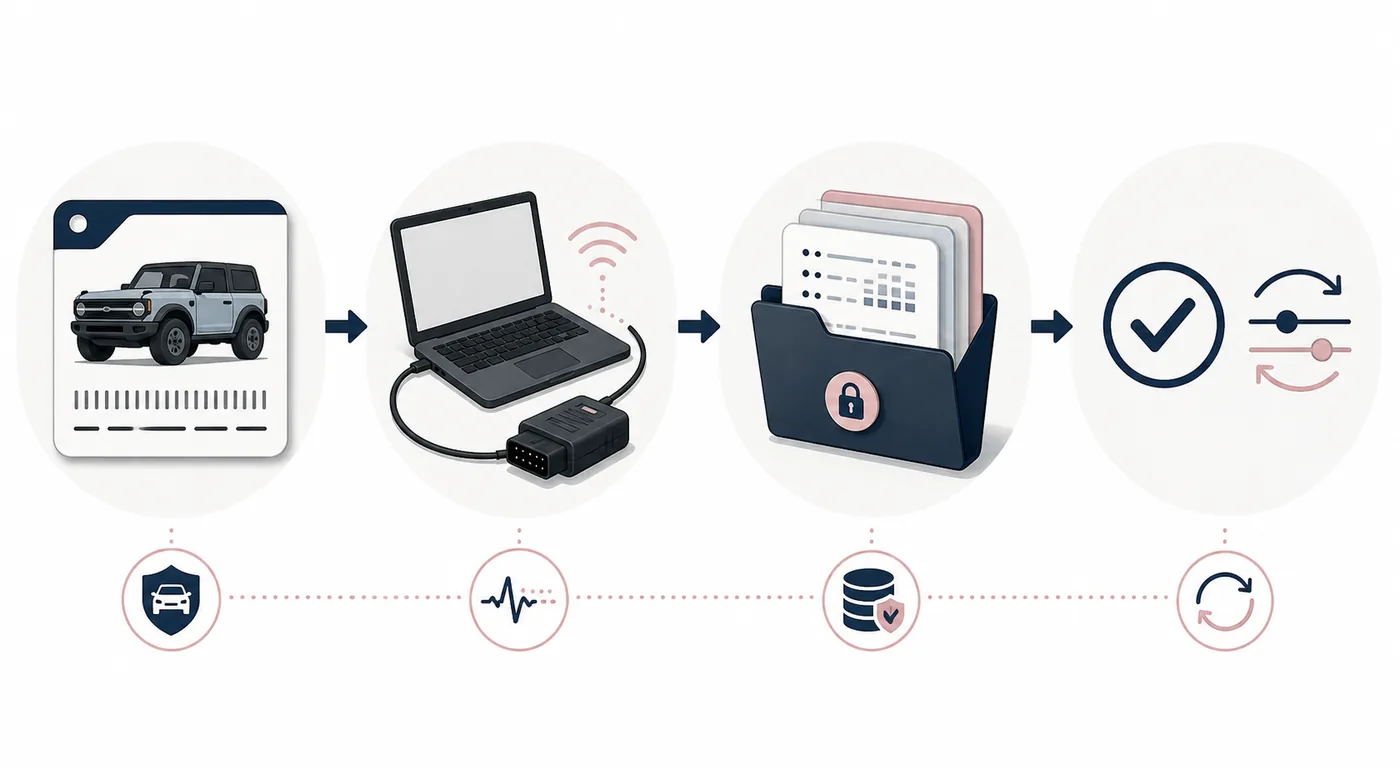 Flusso editoriale con identificazione del Bronco, scansione in lettura, backup della configurazione e modifica reversibile
