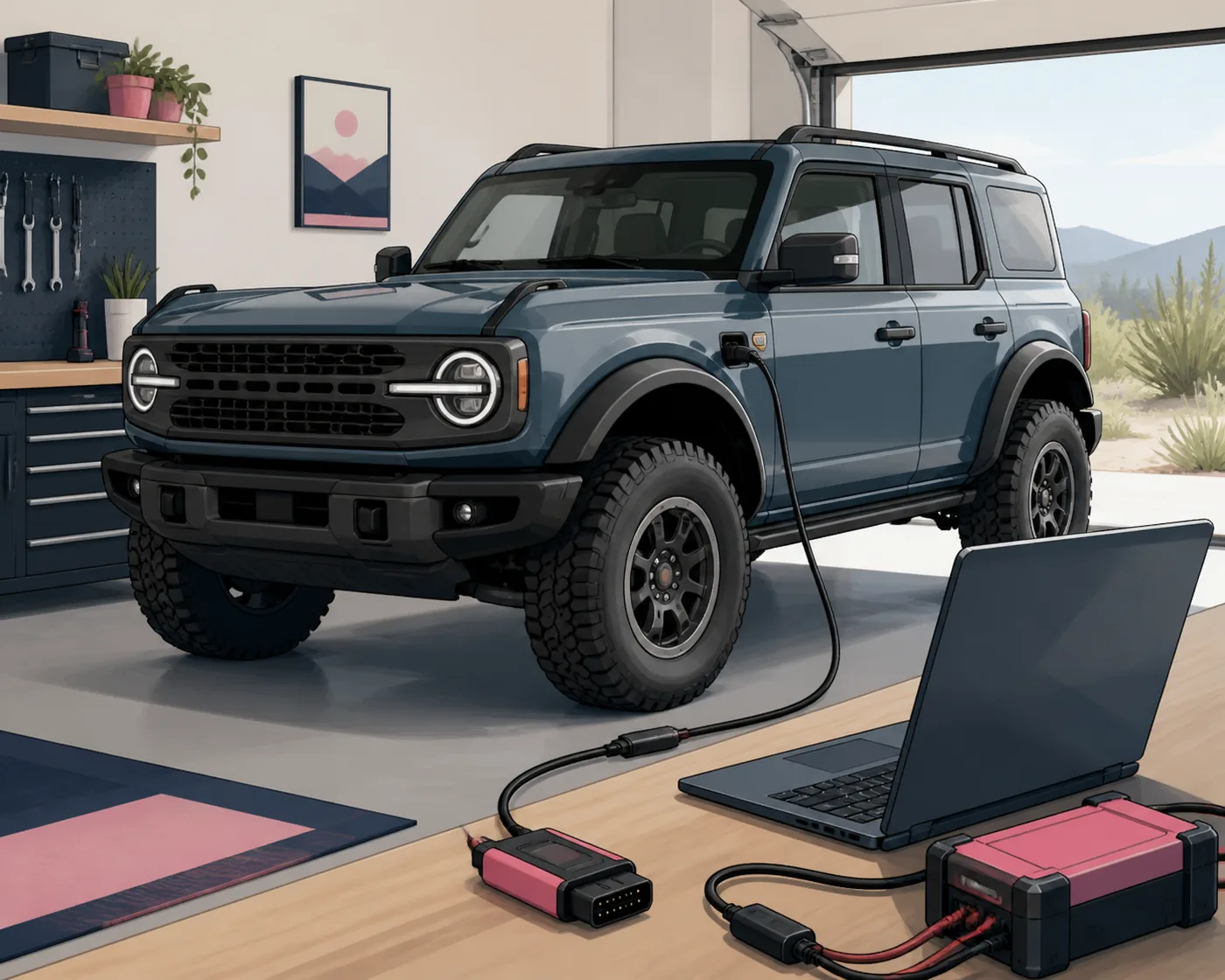 Illustrazione editoriale di un Bronco, laptop Windows, adattatore OBD cablato e supporto batteria per una sessione FORScan