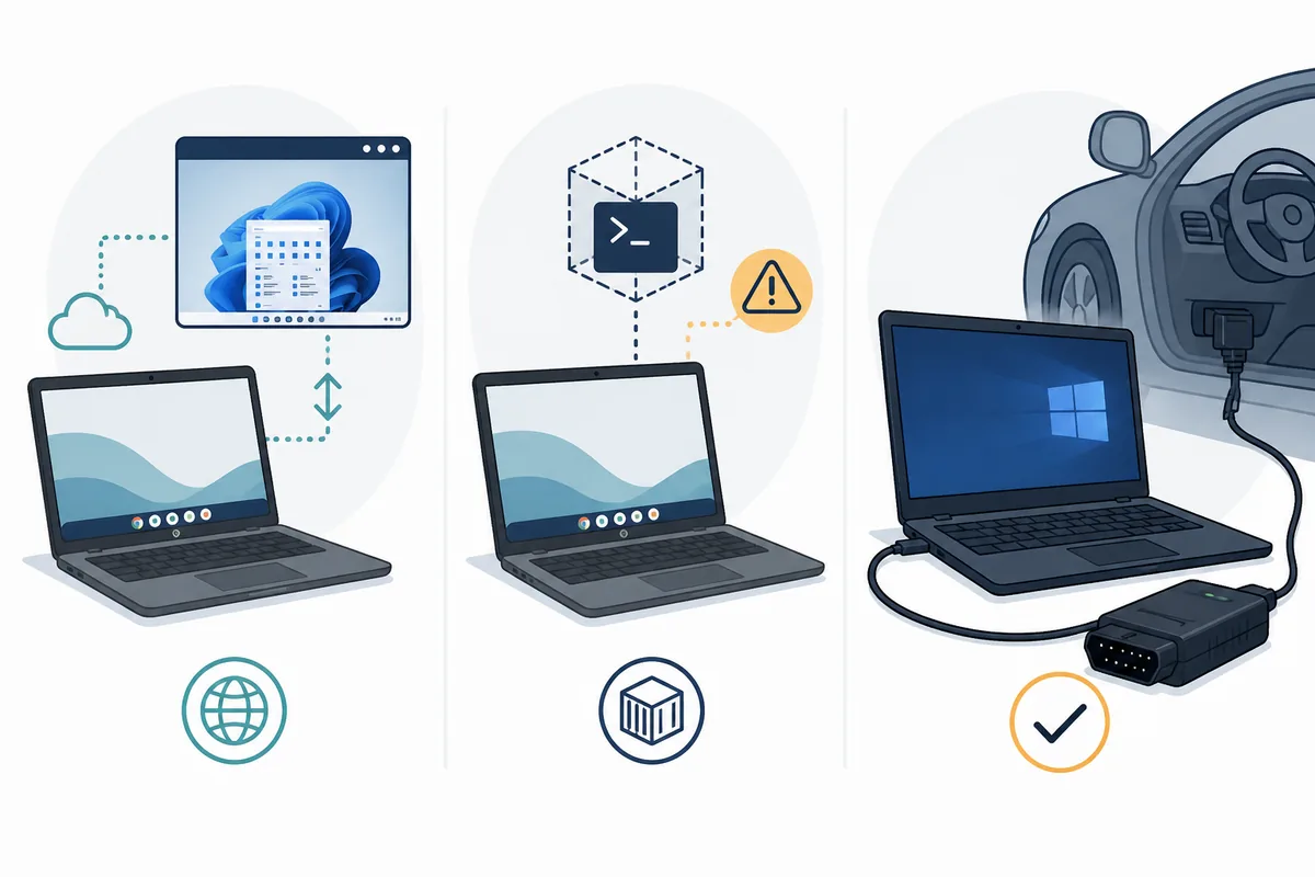 Conceptual comparison of a Chromebook Linux container, a remote Windows computer and a separate Windows laptop