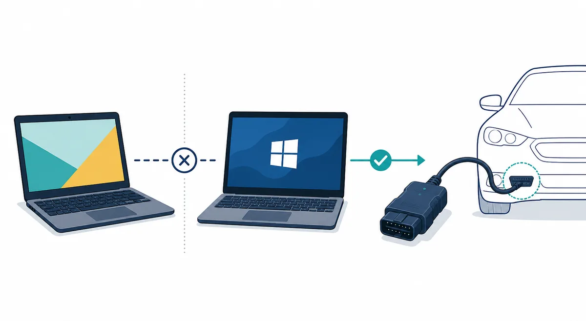 Editorial illustration of a Chromebook, OBD adapter and vehicle used to explain FORScan compatibility paths