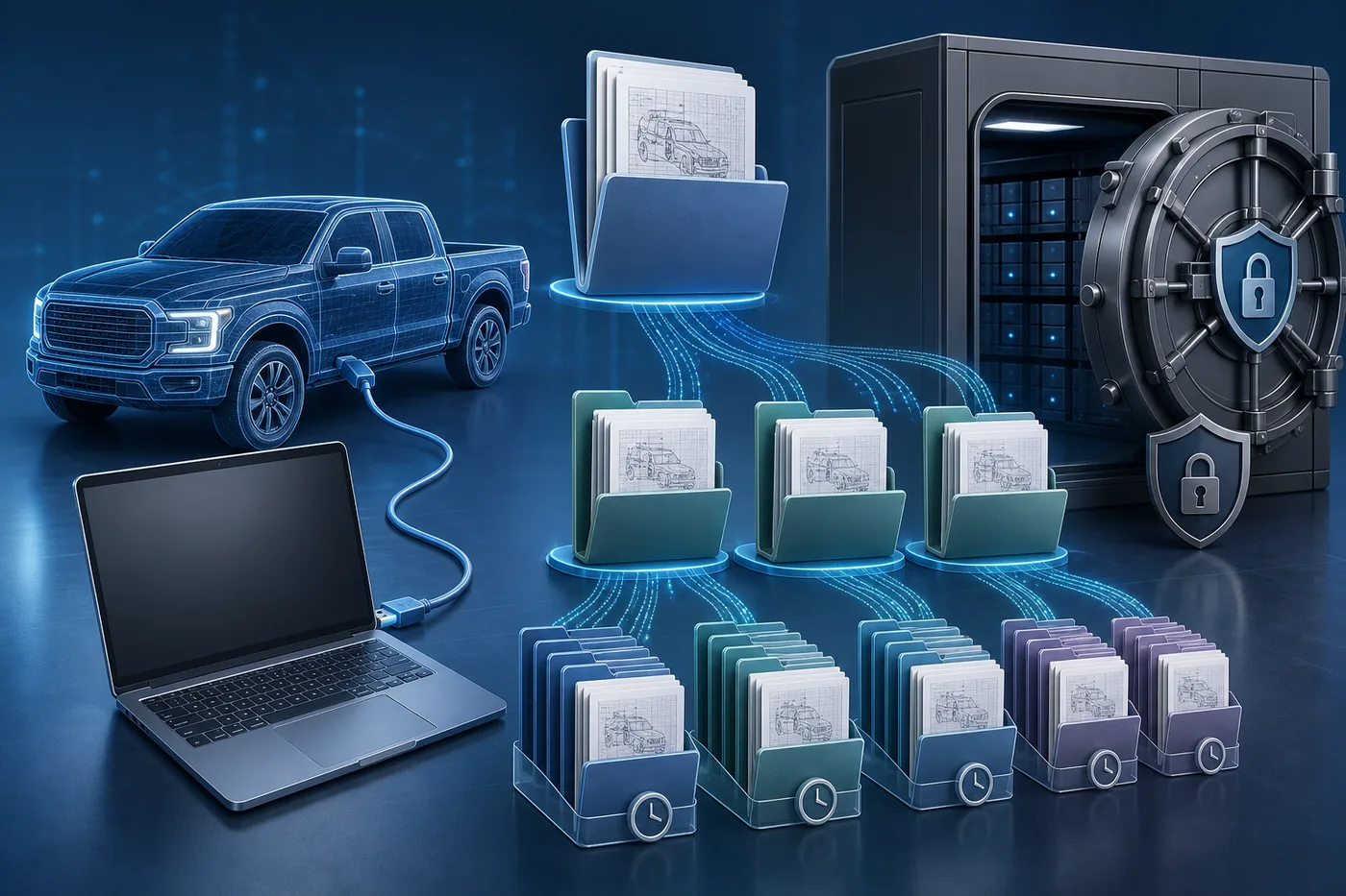 Editorial illustration of backing up F-150 configuration files