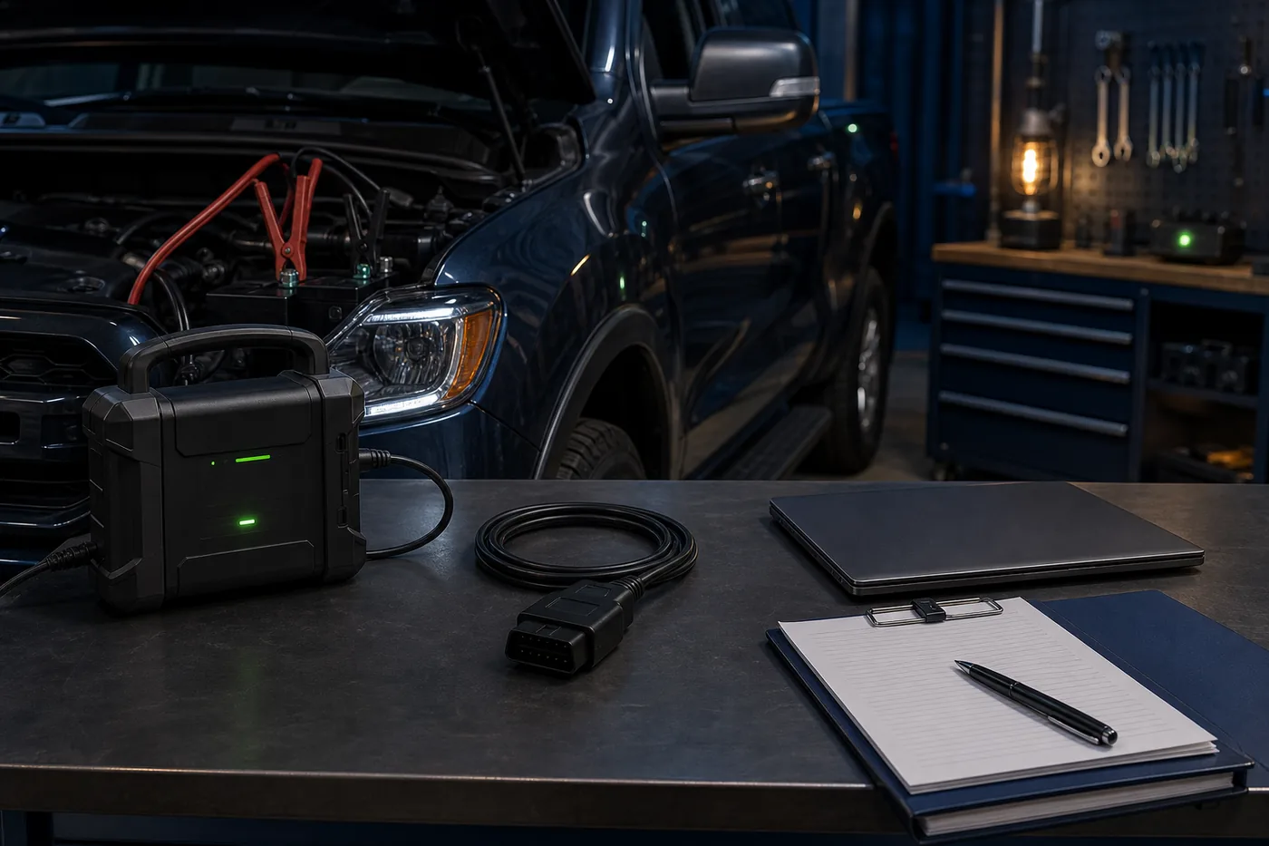 Battery support, wired adapter and closed laptop prepared for a safe session