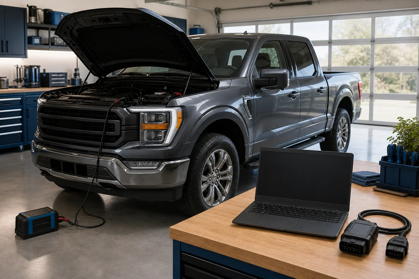 F-150, Windows laptop and diagnostic adapter prepared in a garage