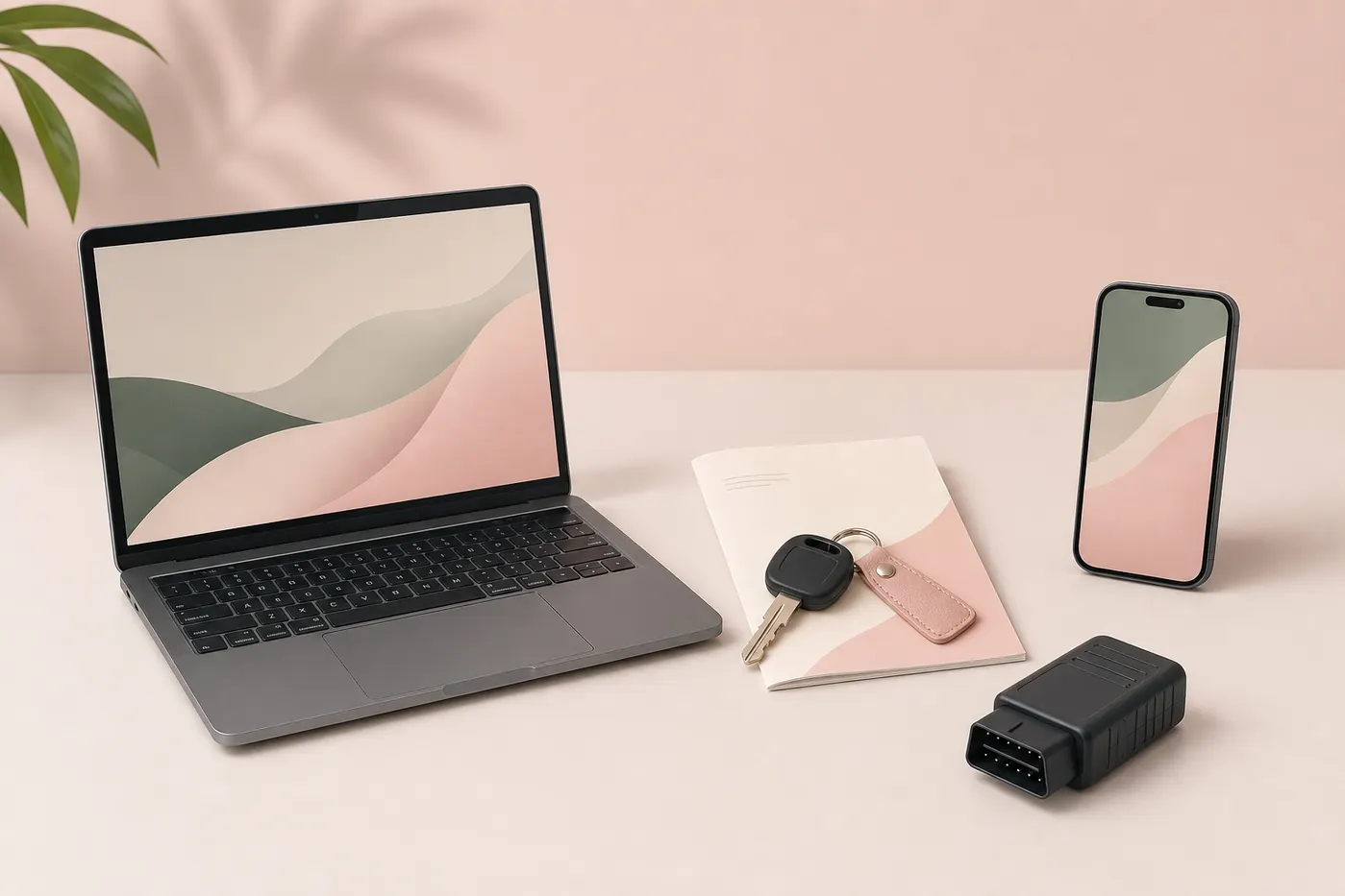 Illustrative comparison of a Windows laptop, mobile phone, vehicle key and OBD adapter for separating FORScan products