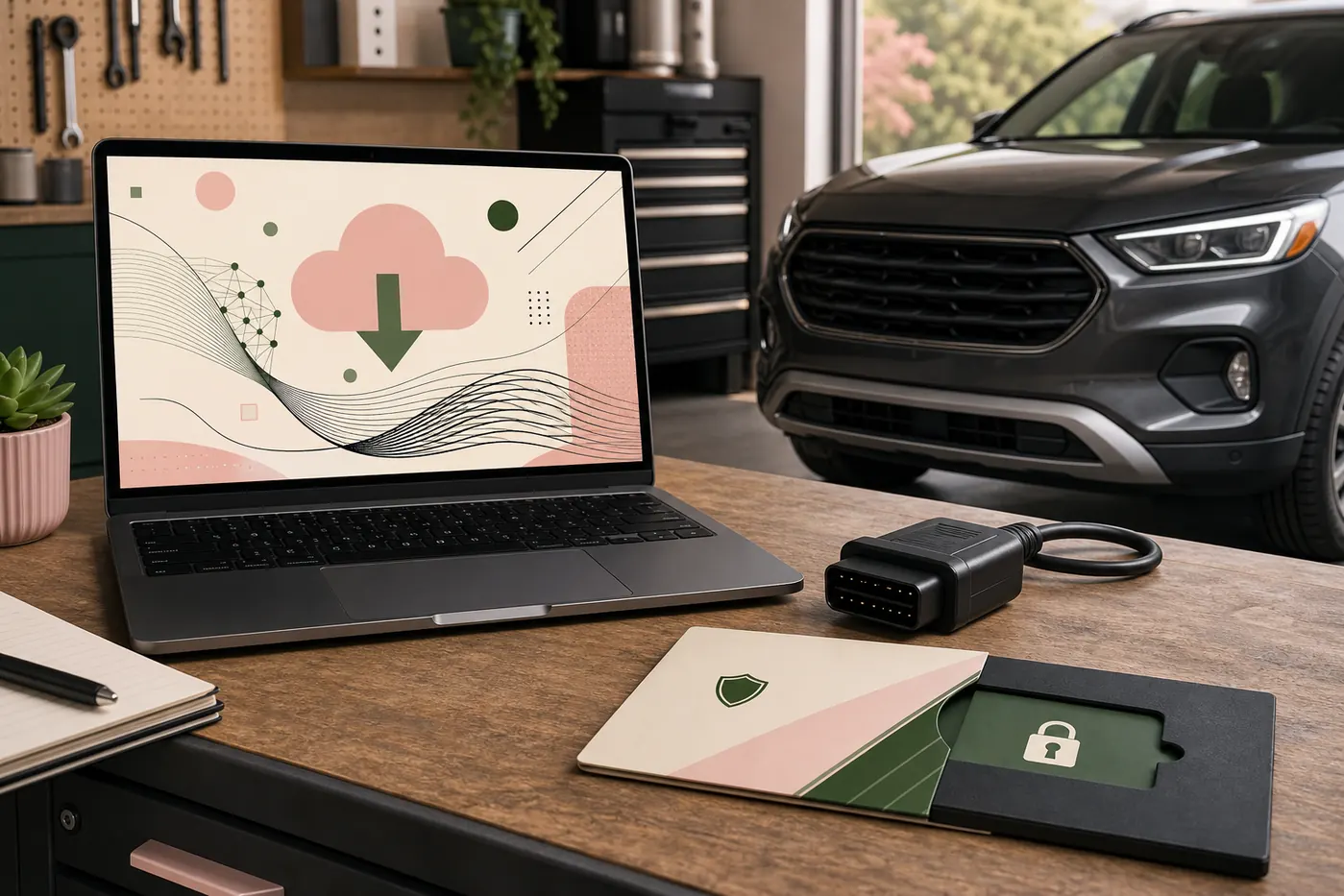 Illustrative Windows laptop, OBD adapter and vehicle setup for checking a FORScan download source