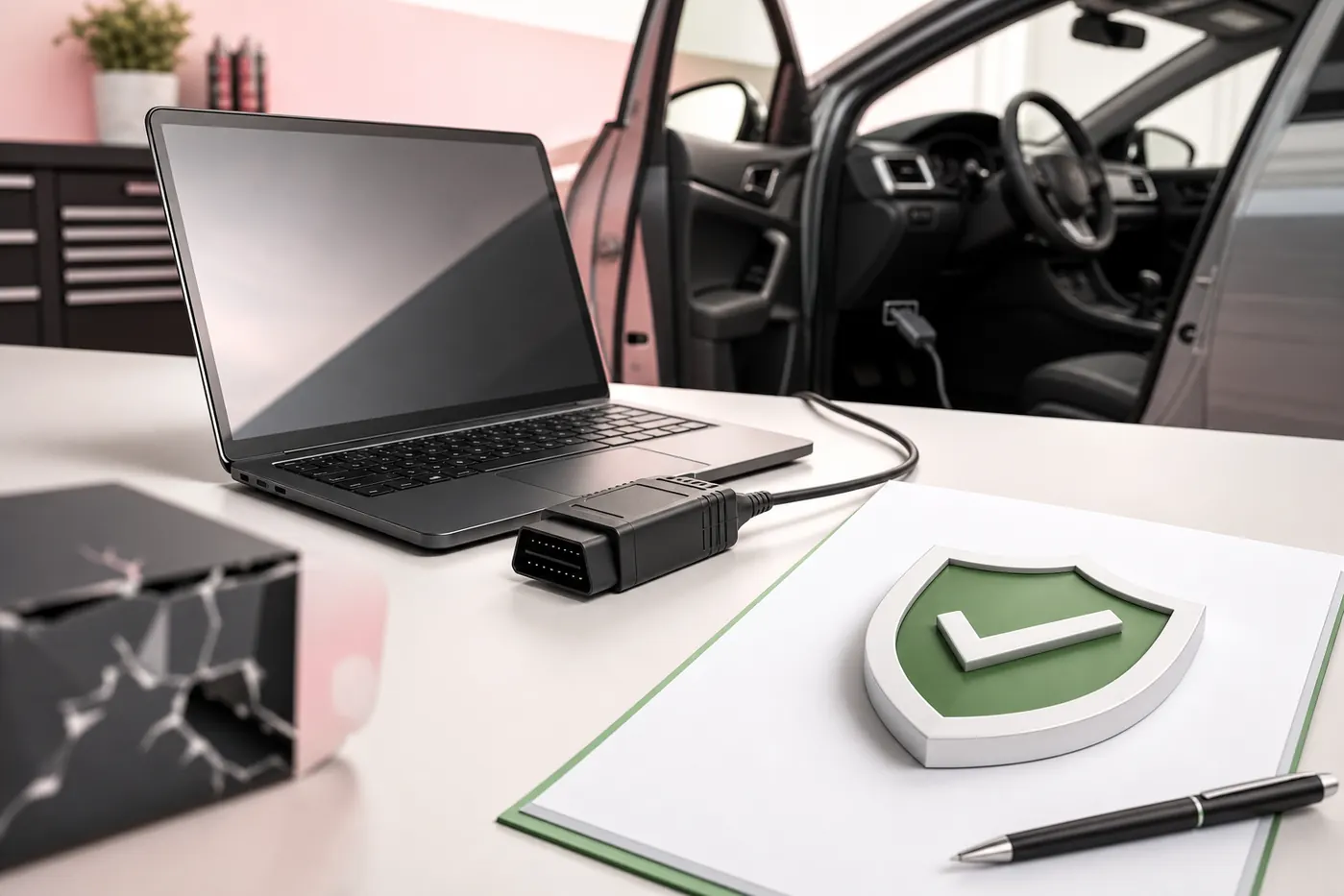 Illustrative laptop and OBD adapter connected beside a vehicle with a safety shield