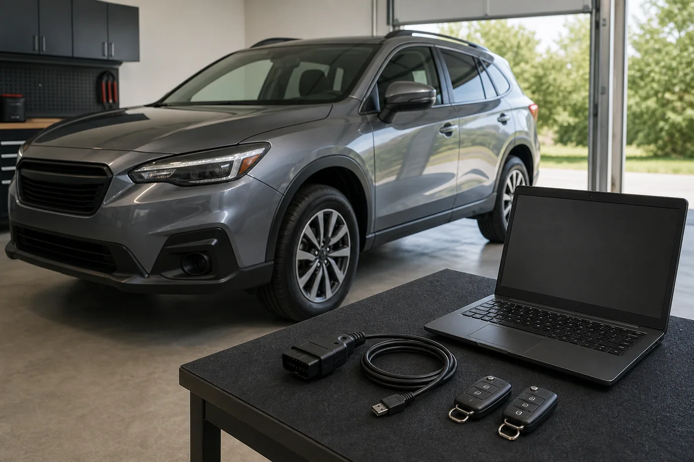Illustration d'un ordinateur, d'un adaptateur OBD et de deux clés pour réinitialiser MyKey avec FORScan