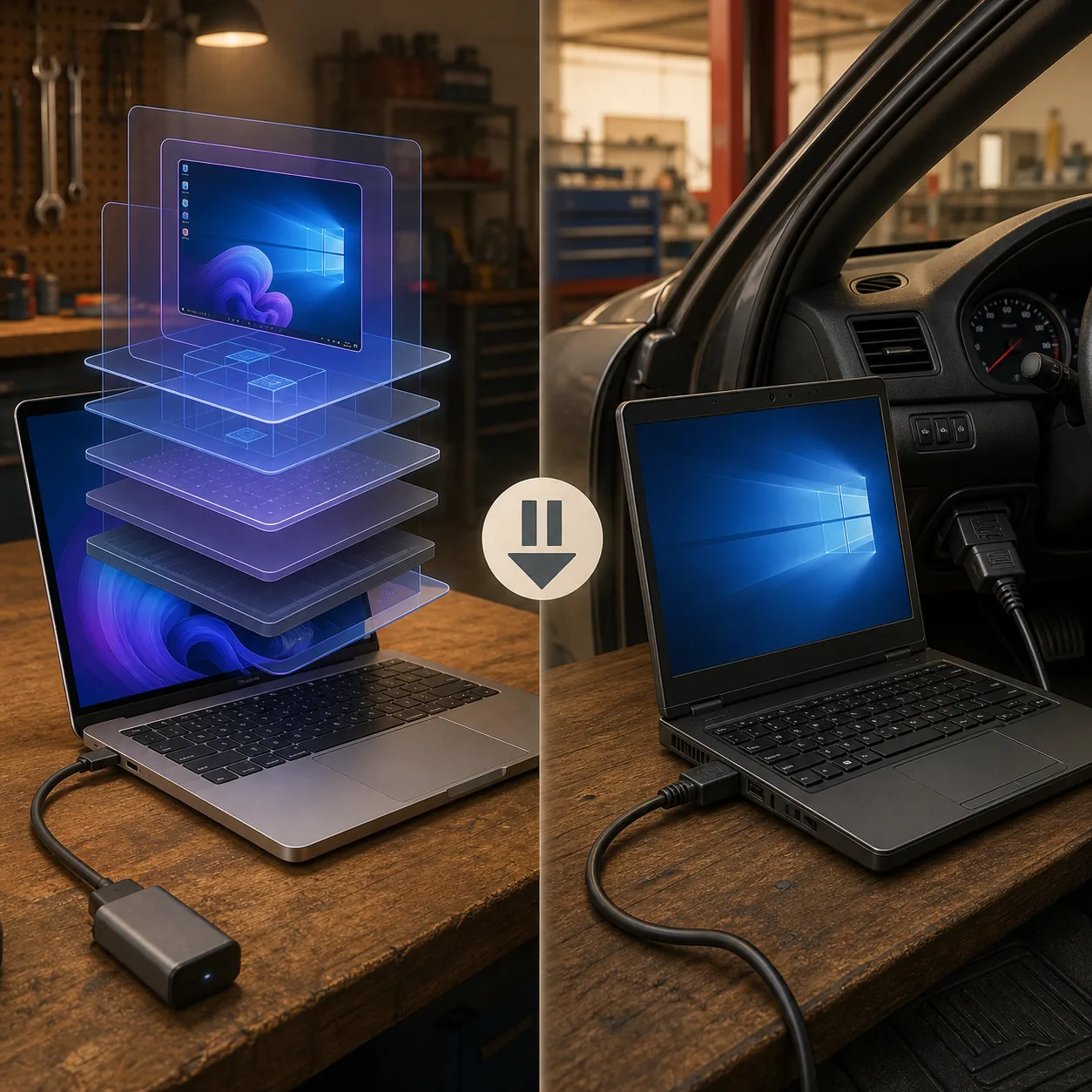 複数の層があるMac仮想マシンと、単純な有線Windowsノートを比較する概念イラスト