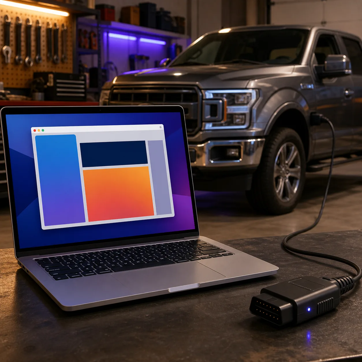 Macノート、Windows仮想マシン、USB OBDアダプターと車両を描いた概念イラスト