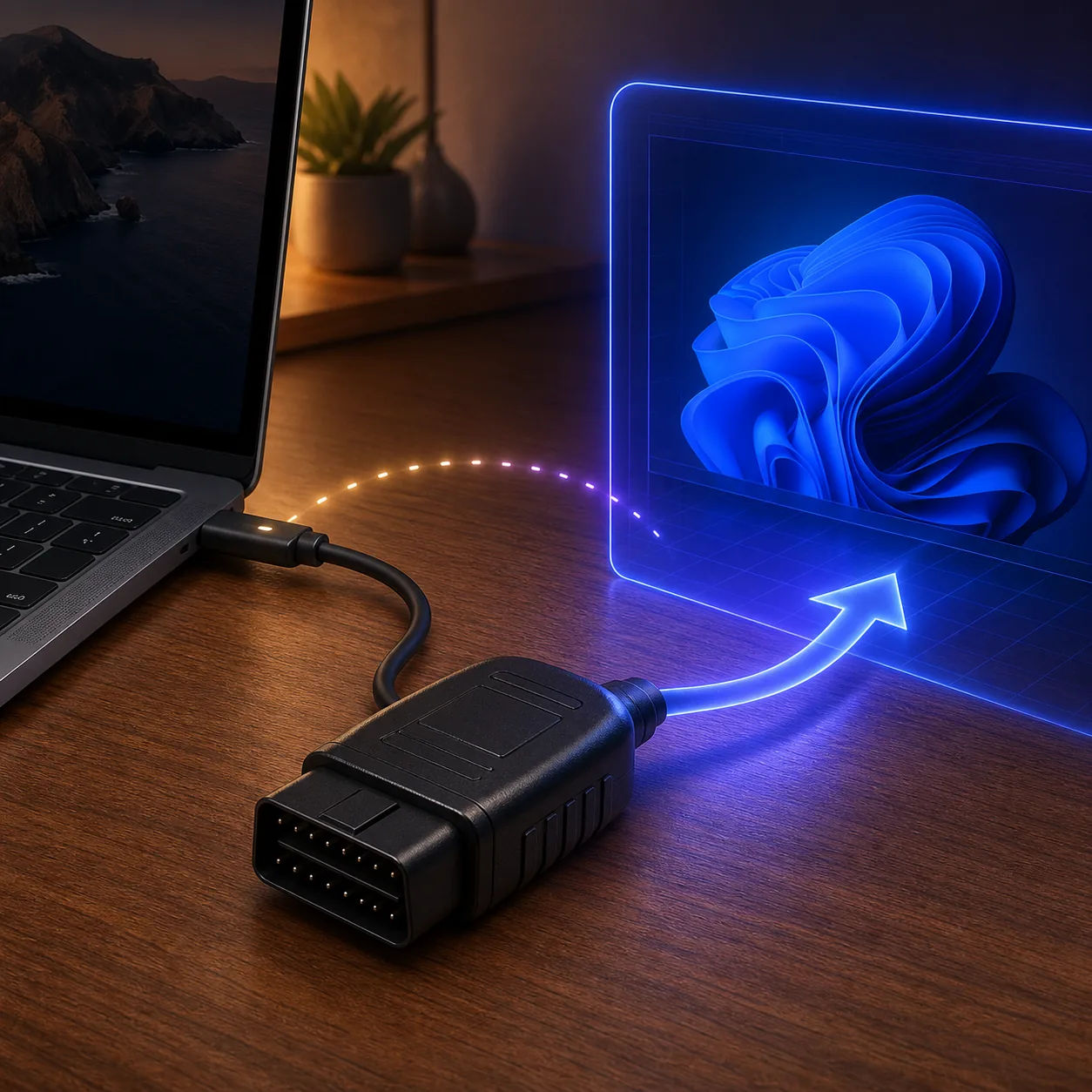 USB OBDアダプターをMacからWindows仮想マシンへ渡す概念イラスト