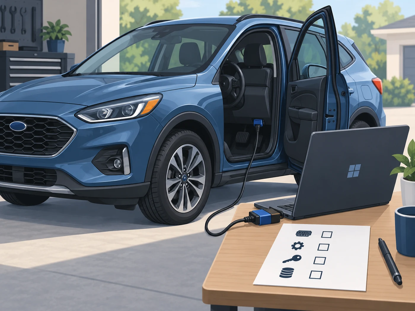 Windows 노트북과 유선 OBD 어댑터, FORScan을 준비한 Ford 차량의 편집 일러스트