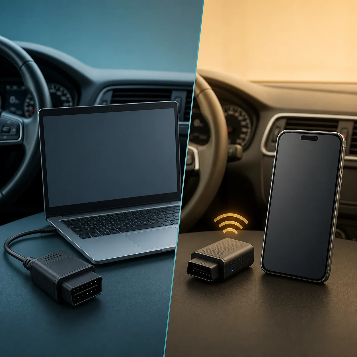 有線OBDアダプターを接続したノートPCと無線アダプターを使うスマートフォンを車内で比較した概念図